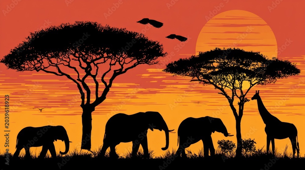 Fototapeta premium African Savannah Sunset Silhouette with Elephants and Giraffe.