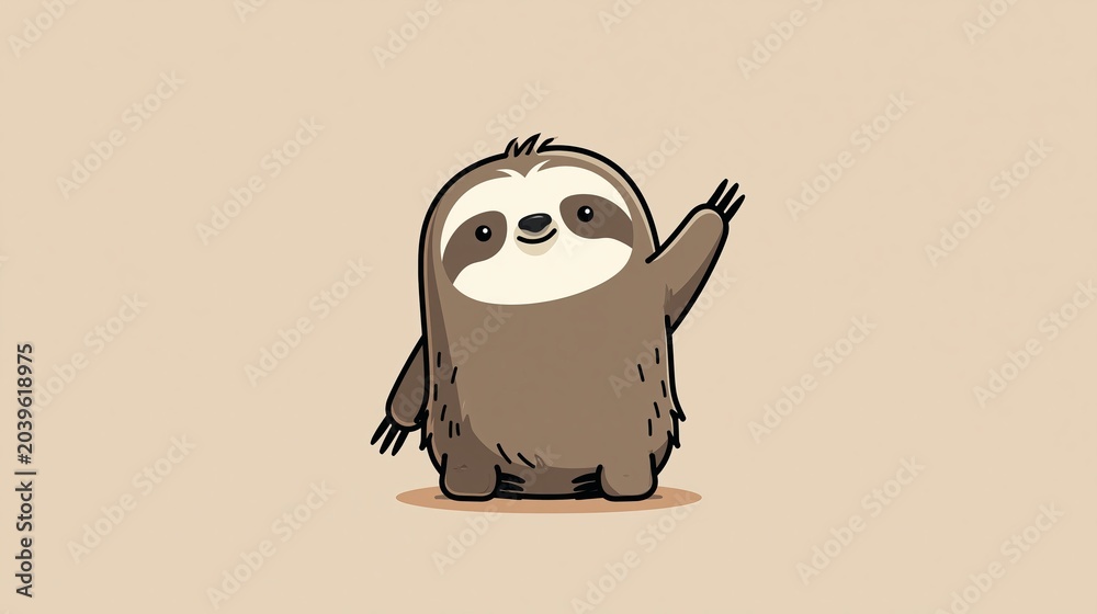 Fototapeta premium Cute cartoon sloth waves hello. This simple, flat design shows the sloth isolated.