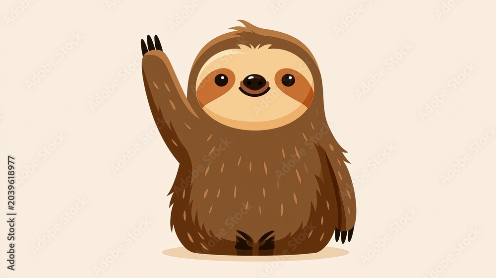 Fototapeta premium Cute cartoon sloth waves hello. This simple, flat design shows the sloth isolated.