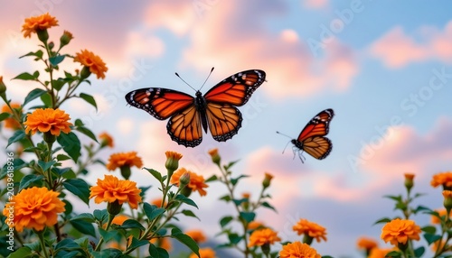 Dawn Flight Monarch Butterflies Over Blooming Garden