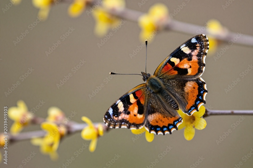Naklejka premium A small tortoiseshell butterfly sitting on a branch of a tree