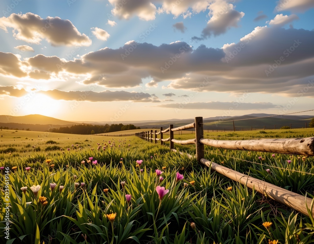 Fototapeta premium Serene Countryside Scene with Rustic Fence and Golden Hour Light