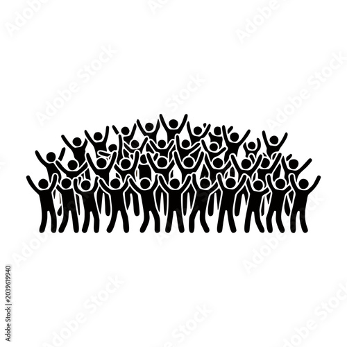 Simple Black Silhouette Crowd of Excited People with Raised Arms Celebrating Together Icon