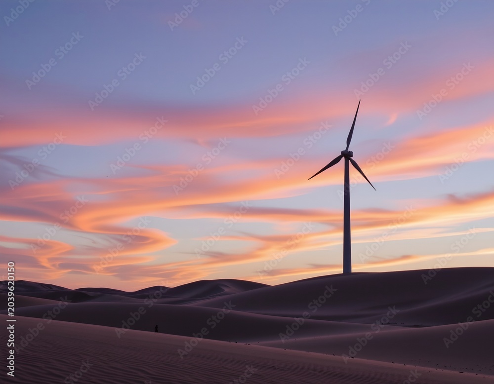 Obraz premium Serene Sunrise with Solitary Wind Turbine Over Dunes