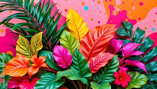 Vibrant Tropical Foliage Amid Colorful Abstract