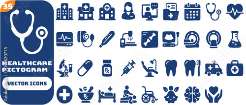 Medical and healthcare icon set featuring hospital services, telemedicine, diagnostics, laboratory research, dental care, pharmacy, emergency ambulance, and wellness symbols.