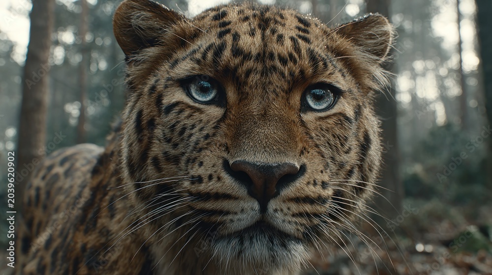 Fototapeta premium Close-up Portrait of a Majestic Leopard with Striking Blue Eyes in a Lush Forest Setting.
