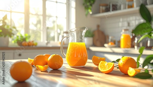 Freshly Squeezed Orange Juice in a Pitcher with Oranges on a Kitchen Counter.