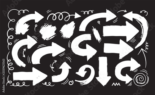 Various bold brush drawn curved arrows. Collection doodle marker thick arrows in different directions. Hand drawn vector direction pointers. Curved and wavy brush strokes