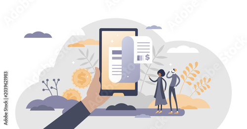 Foto Digital bill as financial purchase payment pay method tiny persons concept, transparent background