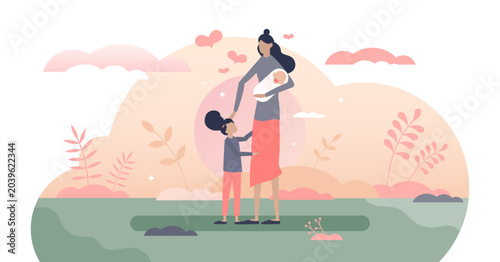 Cuadro en lienzo Mon with kids together as happy family with care and love tiny person concept, transparent background