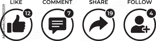 Social media engagement buttons with notification counters for online interaction engagement notification interaction internet platform marketing