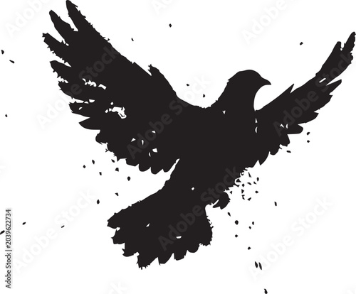 Distressed silhouette of a flying dove bird with silhouette distressed isolated weathered splatter wildlife creative illustration peaceful movement