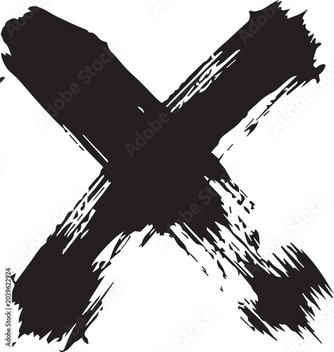 Hand drawn grunge x mark with thick ink brush strokes splatter abstract handwritten distressed isolated creative artistic incorrect forbidden