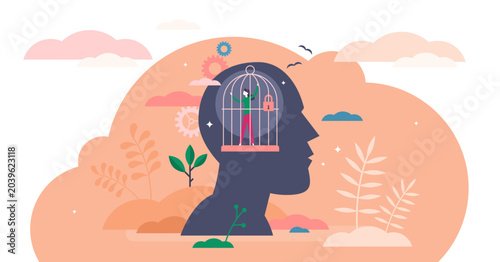 Tableau sur toile Mind prison psychological concept, flat tiny person illustration, transparent background