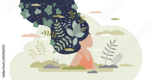 Cuadro en lienzo Mental wellbeing as spiritual, healthy and creative mind tiny person concept, transparent background