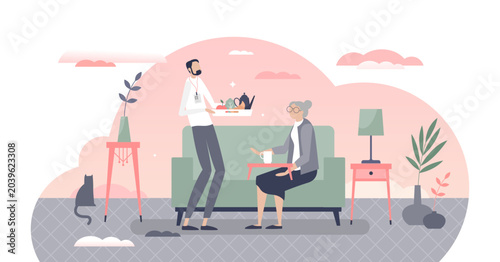 Foto Elderly home care with hired professional social worker for senior support tiny person concept, transparent background
