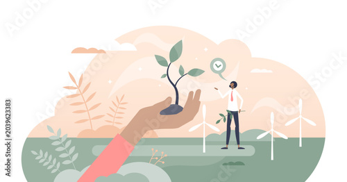 Foto Sustainability as alternative wind energy and forestation tiny person concept, transparent background