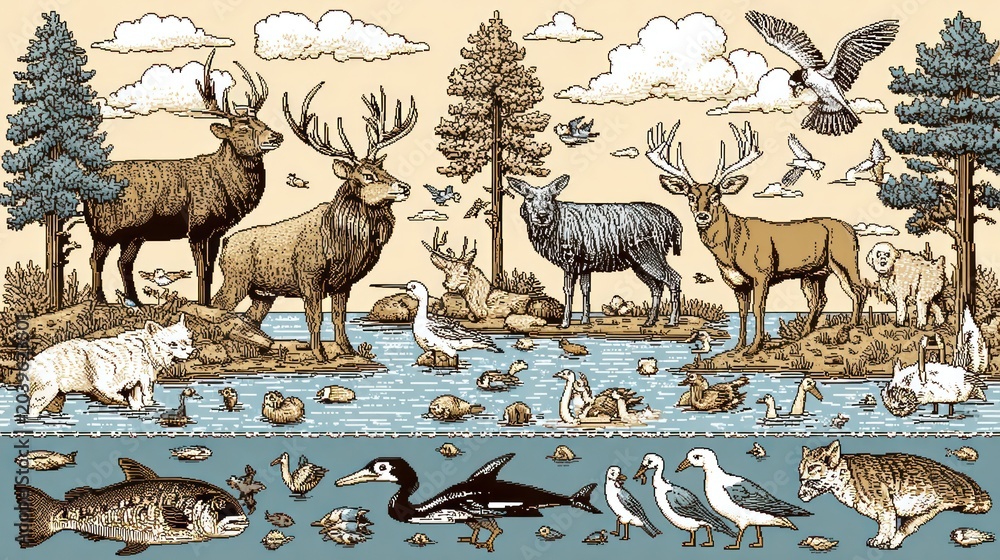 Obraz premium Diverse Wildlife Collection Featuring Forest and Aquatic Animals in Natural Habitat.