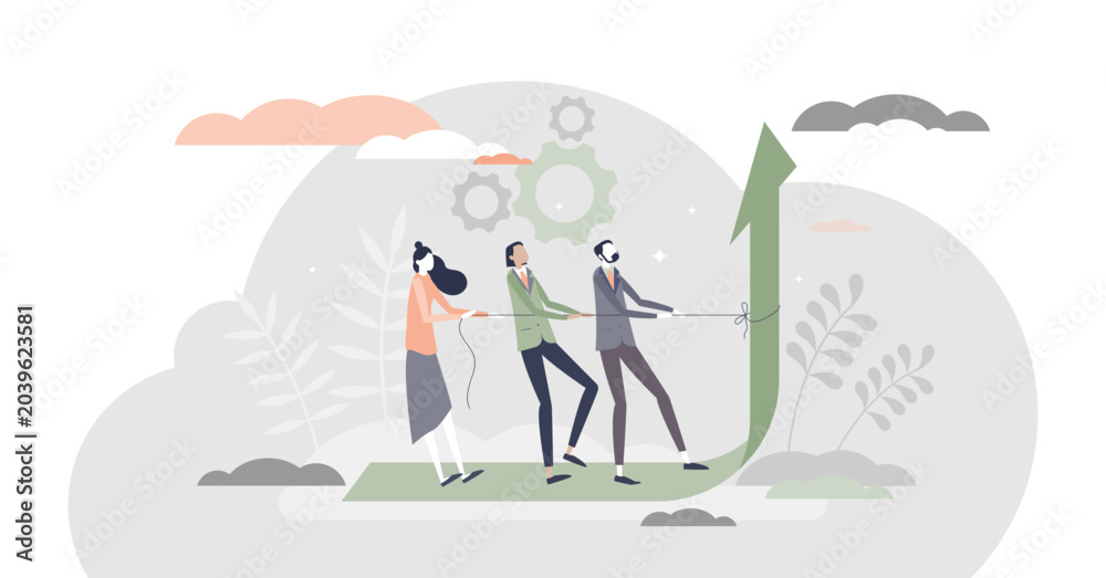 Obraz premium Teamwork performance effort for reaching best results tiny person concept, transparent background. Pushing limits for huge progress development illustration.
