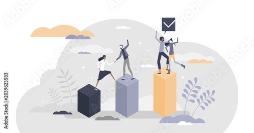 Obraz na plátně Team goals as project challenge target reaching together tiny person concept, transparent background