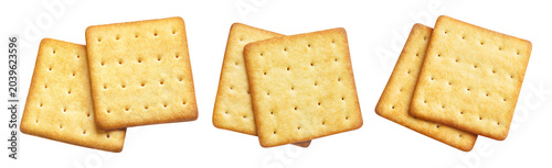 Set of delicious square crackers, isolated on cutout transparent background