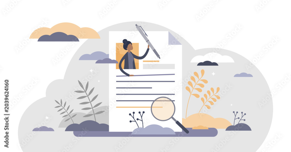Obraz premium CV curriculum vitae as employee resume for job vacancy flat tiny person concept, transparent background. Recruitment HR process with candidate review for professional occupation analysis.