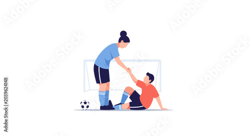 Soccer player helps injured opponent during world footbal tournament match with goal and ball in stadium
