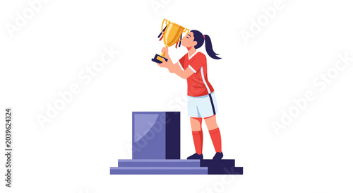 Woman holding trophy on podium at world football tournament celebration