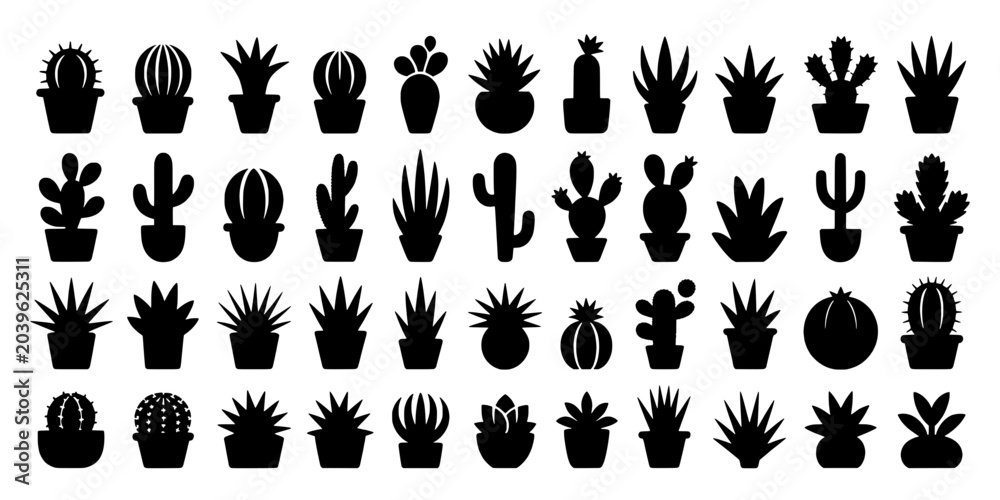 Obraz premium Cacti set with various potted plants and succulents in black silhouette style featuring plant icons, succulent collection, graphic resource with