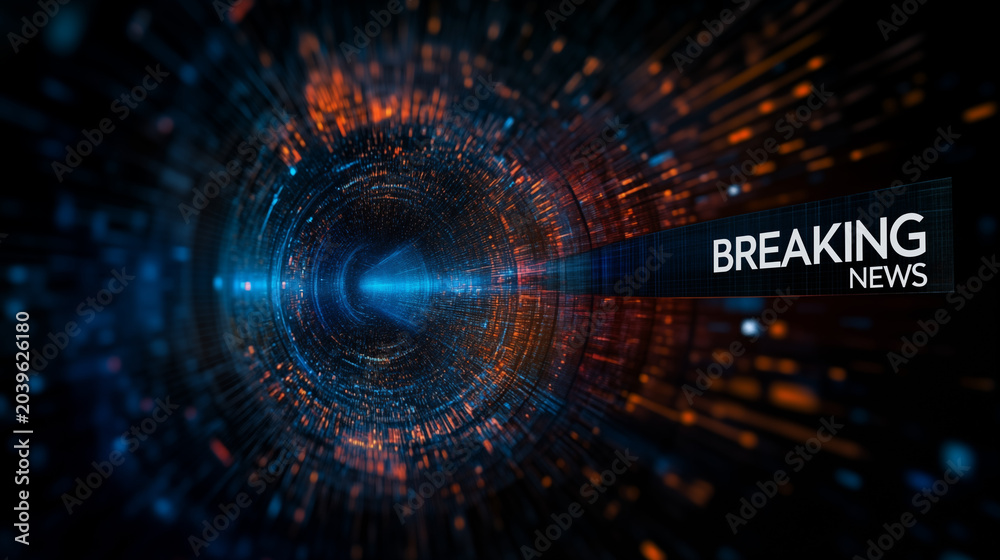 Obraz premium Abstract futuristic breaking news background featuring glowing blue and orange digital circular HUD elements with dynamic particles and high-tech cyber interface design.