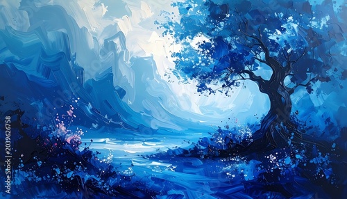 Impressionistic blue landscape with a winding river and a prominent tree