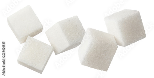 Foto White sugar cubes floating, isolated on cutout transparent background