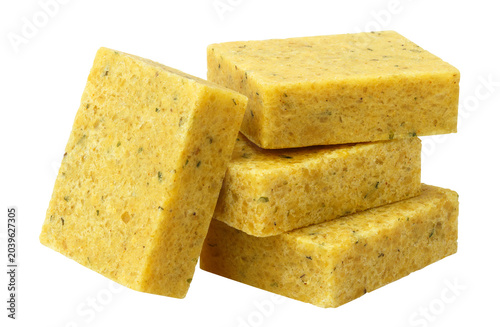 Seasoned bouillon cubes stack, isolated on cutout transparent background