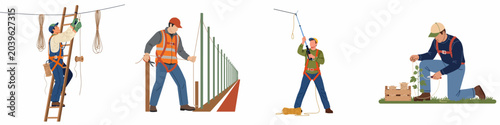 Foto Set of illustrations showing men working on a hop plantation, training vines, setting up trellis systems, and performing maintenance tasks
