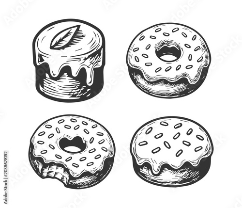 Fotografía Hand drawn donut with icing and sprinkles sketch set on a white background