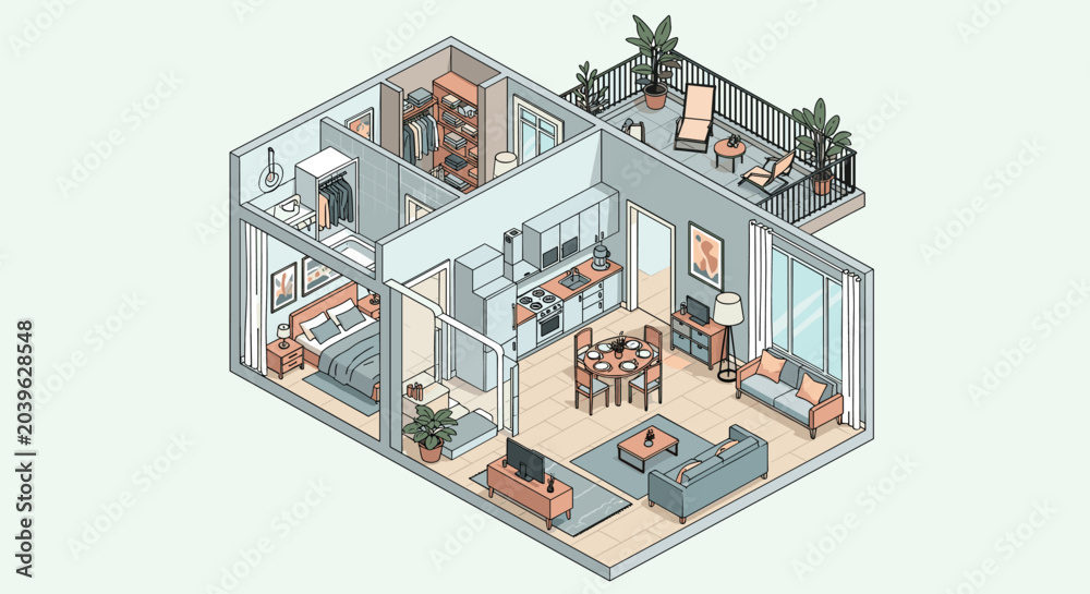 Obraz premium Modern apartment floor plan in isometric view showing a bedroom, kitchen, living room, and a spacious balcony area.
