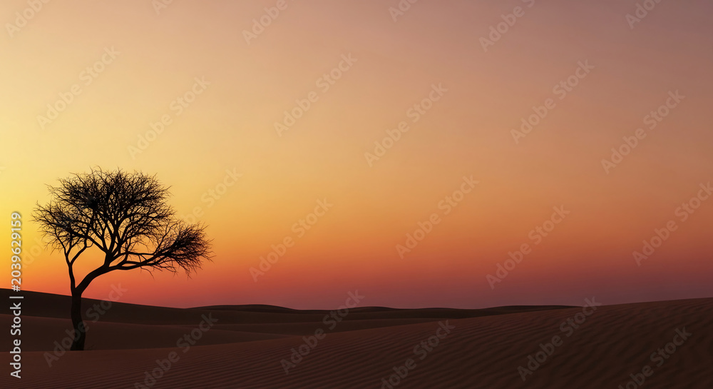 Fototapeta premium Silhouette of a lone tree on a desert dune against a gradient sunset sky, symbolizing resilience, solitude, and the vastness of nature.