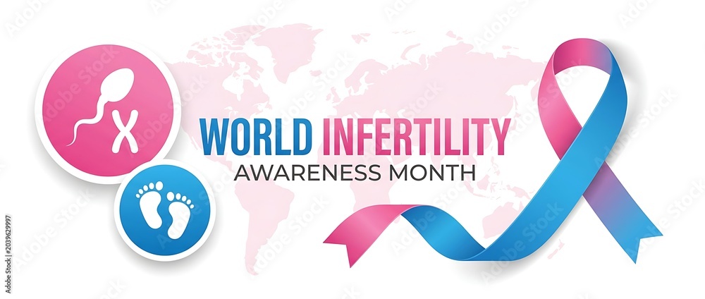 Fototapeta premium World infertility awareness month with pink and blue ribbon sperm and footprints icons on world map background for global health.