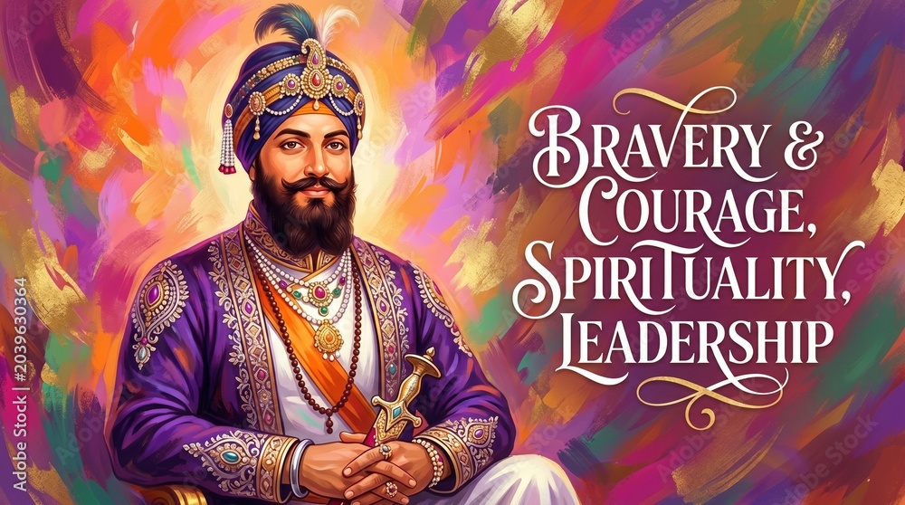 Obraz premium Guru Hargobind Ji Vector Portrait with Inspirational Quotes - Sikhism Spiritual Art Illustrating Bravery, Courage, Spirituality, and Leadership Design Background
