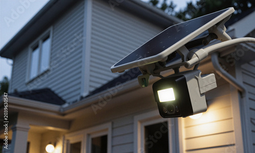 Security camera solar panel installed on residential house at night with activated led light for smart home protection