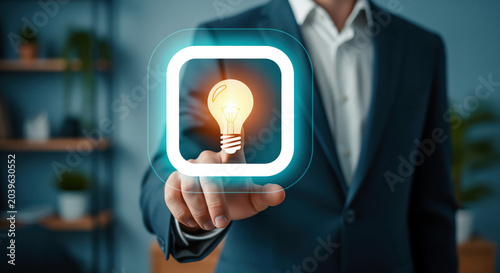 Innovative venture creation strategy activation with glowing lightbulb option pushed by corporate manager finger for industrial tech breakthrough planning or startup energy optimization task