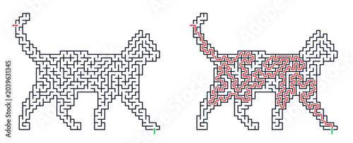 Cat maze design in black and red outlines on white background  
