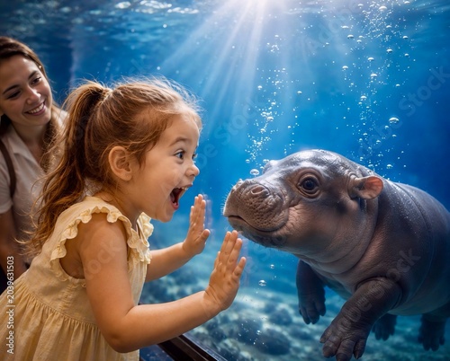 Little girl delighted with baby hippo in aquarium, happy children's discovery, family outing, surprise and delight, underwater scene with sun rays and bubbles, educational adventure concept
