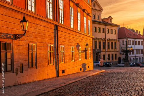Beautiful Prague Old Town Panorama at Sunset, Czech Republic, Historic European Architecture, Medieval Buildings, Red Tile Roof Houses, Church Towers and Scenic City Skyline, Tourist Attraction