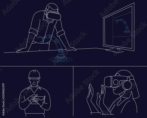 Extended Reality Training and Industrial Innovation, Virtual Reality and Augmented Reality Workforce, Industrial Simulation Illustration Hand Drawn in Thin Line Style