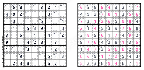Obraz na płótnie Two sudoku puzzles, one filled with numbers, one partially completed, on a white
