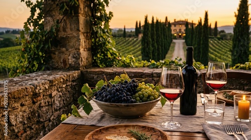 Grapes and wine glasses on rustic table overlooking vineyard and villa at sunset in countryside terrace setting