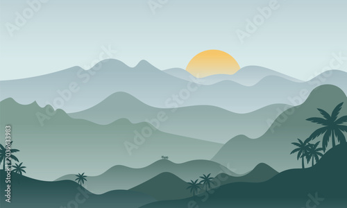 Minimalist tropical hill landscape vector with sunrise.