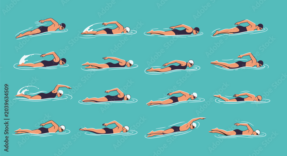 Fototapeta premium Full movement set showing a male swimmer performing various swimming strokes like freestyle and breaststroke in blue water.